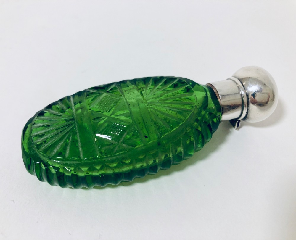 Antique Green Cut Glass Scent Bottle with Silver Top View XI