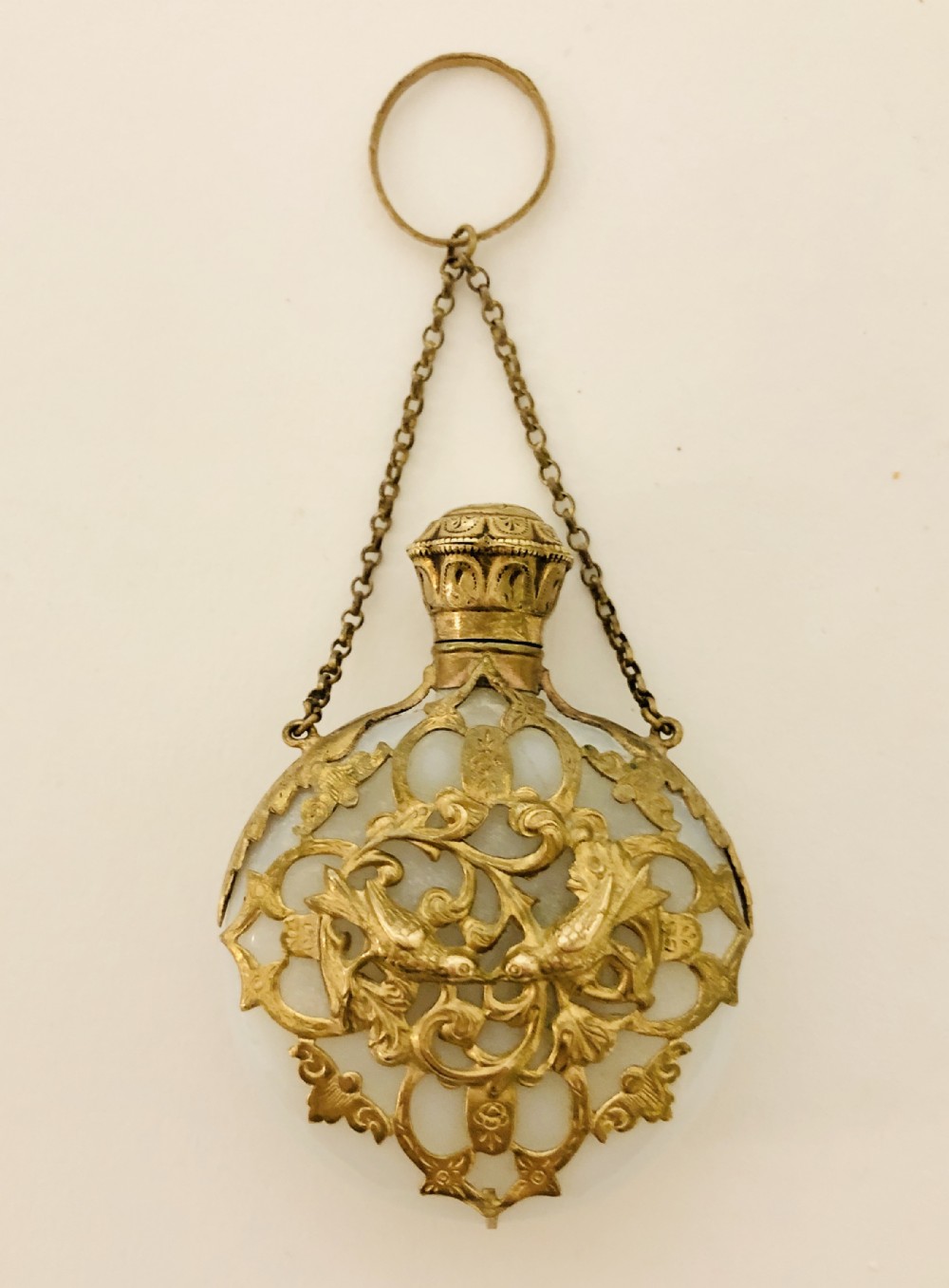 Antique Opaque Glass Scent Bottle Chatelaine with Silver Gilt Cage 
