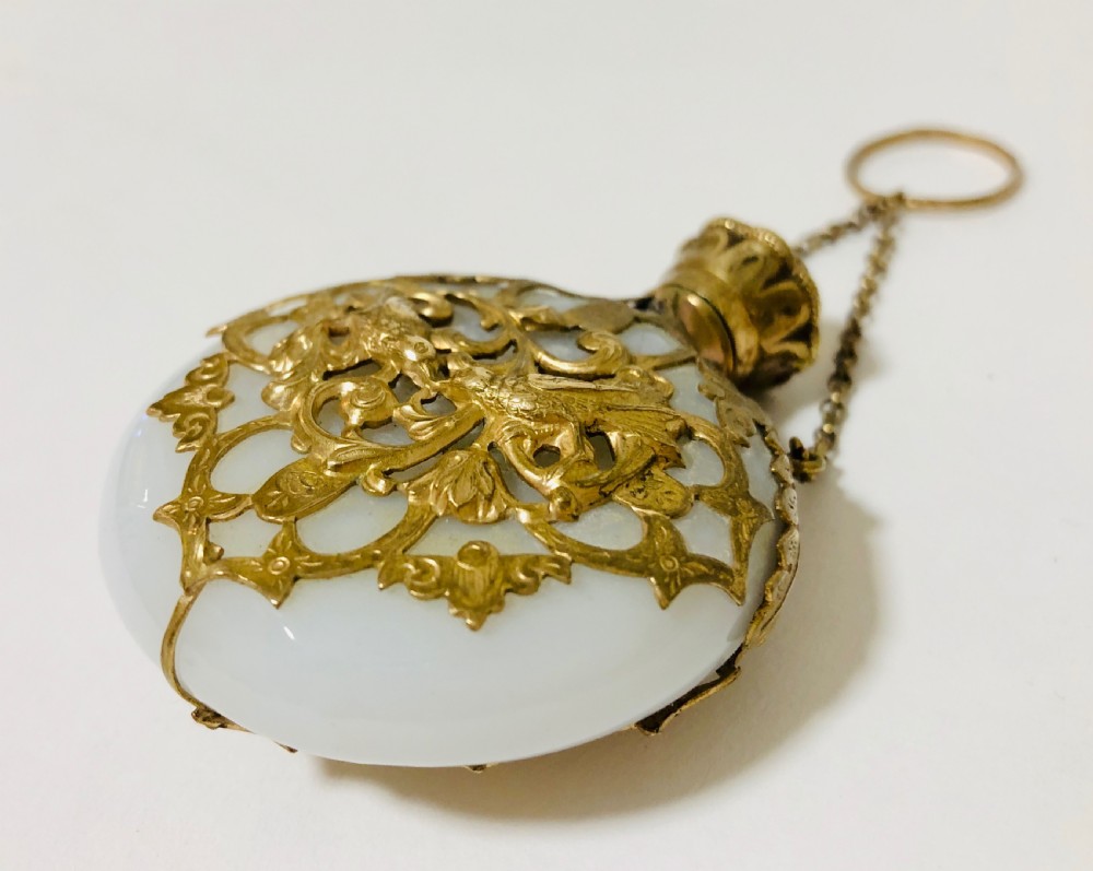 Antique Opaque Glass Scent Bottle Chatelaine with Silver Gilt Cage  View II
