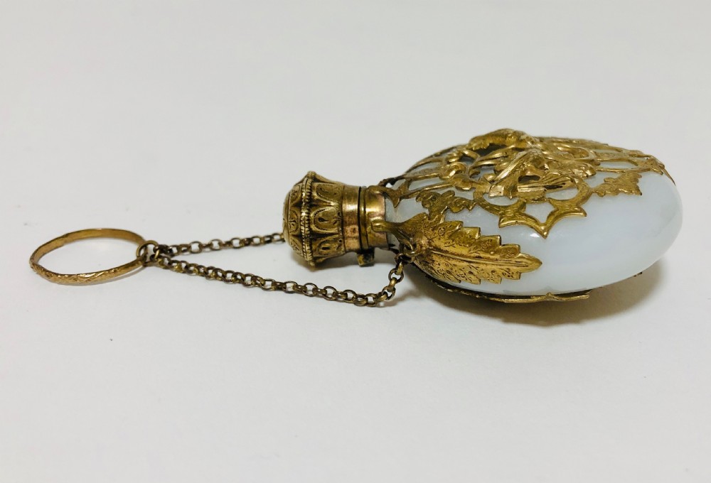 Antique Opaque Glass Scent Bottle Chatelaine with Silver Gilt Cage  View IV