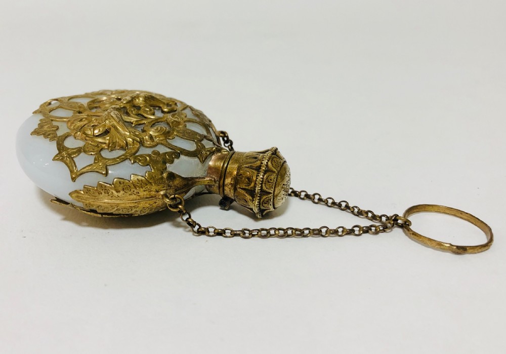 Antique Opaque Glass Scent Bottle Chatelaine with Silver Gilt Cage  View V