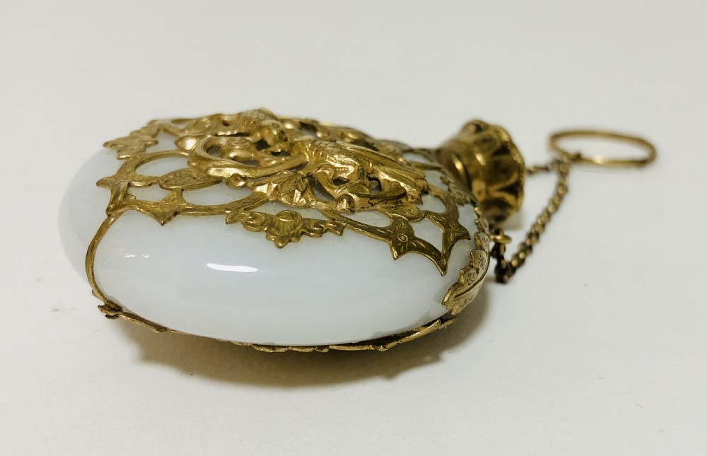 Antique Opaque Glass Scent Bottle Chatelaine with Silver Gilt Cage  View VI