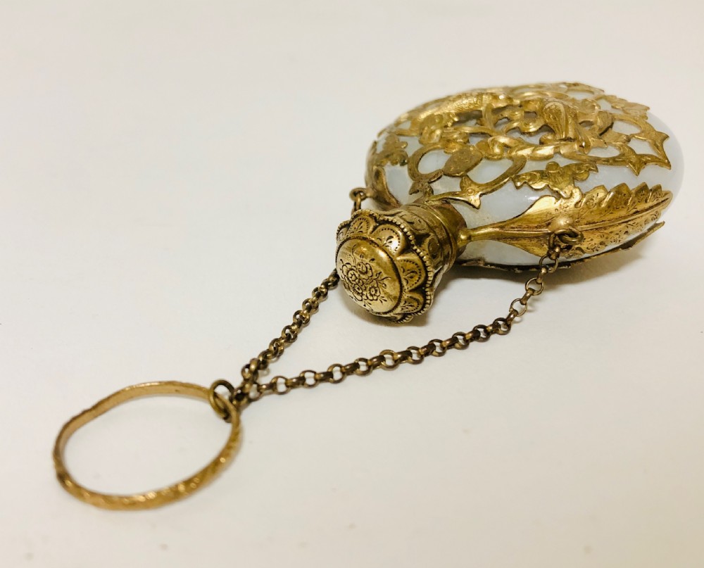 Antique Opaque Glass Scent Bottle Chatelaine with Silver Gilt Cage  View VII