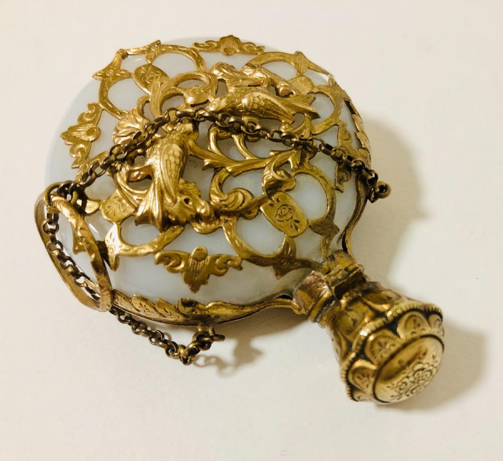 Antique Opaque Glass Scent Bottle Chatelaine with Silver Gilt Cage  View X