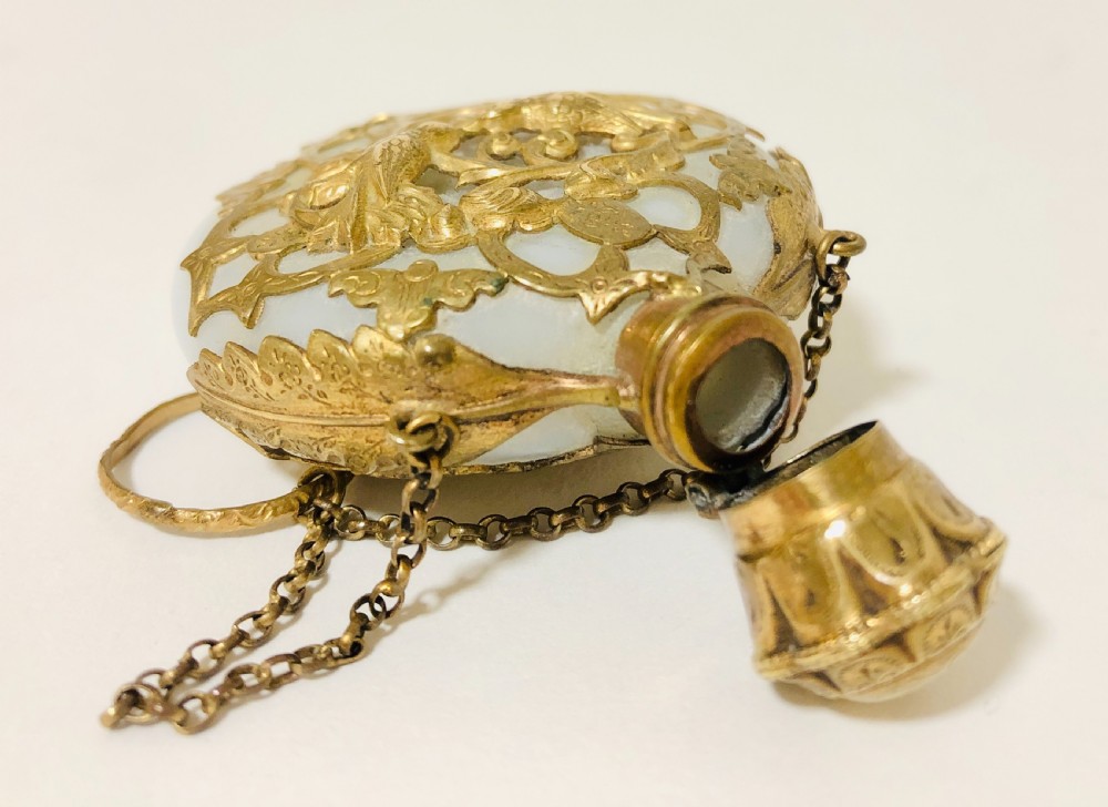 Antique Opaque Glass Scent Bottle Chatelaine with Silver Gilt Cage  View XI