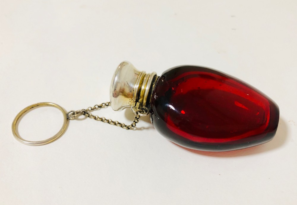 Antique Ruby Red Glass Silver Gilt Scent Bottle Chatelaine