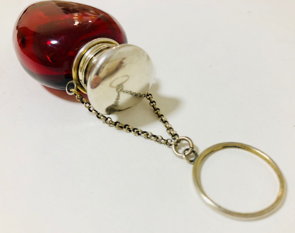 Antique Ruby Red Glass Silver Gilt Scent Bottle Chatelaine View IV
