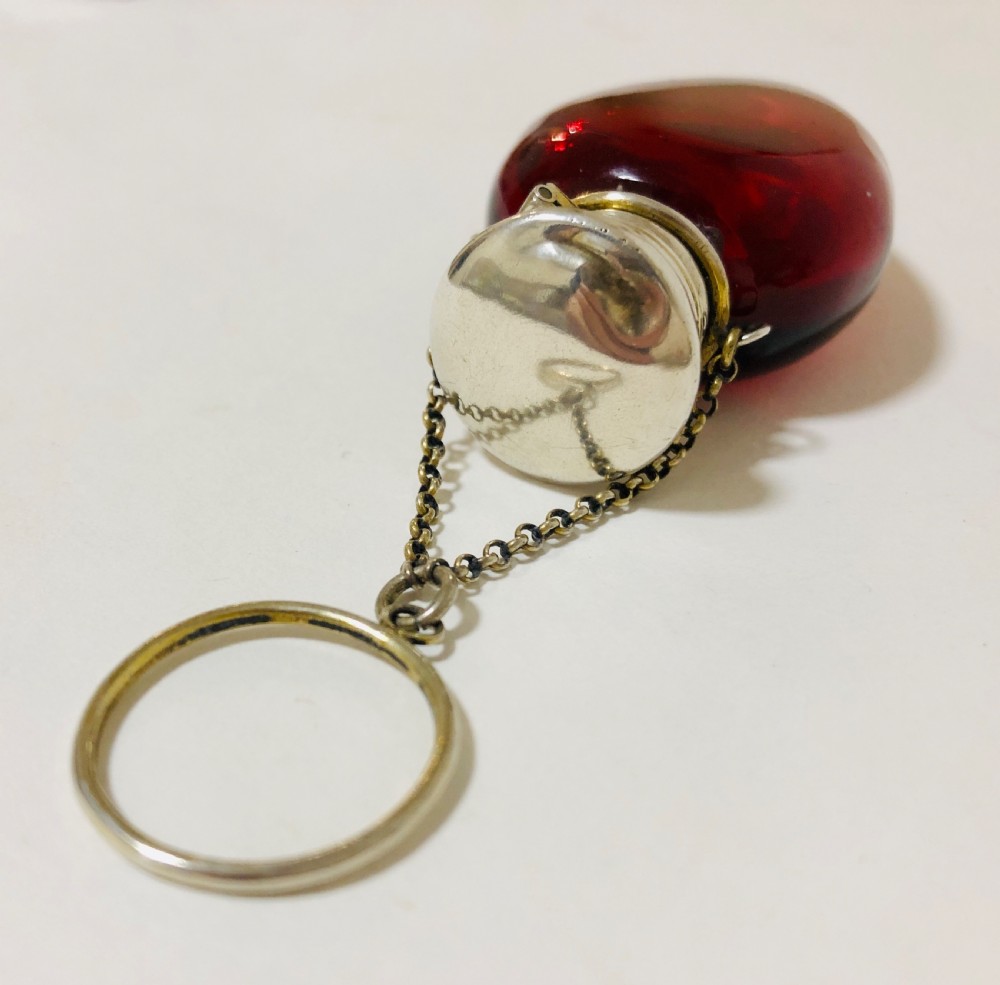 Antique Ruby Red Glass Silver Gilt Scent Bottle Chatelaine View VI
