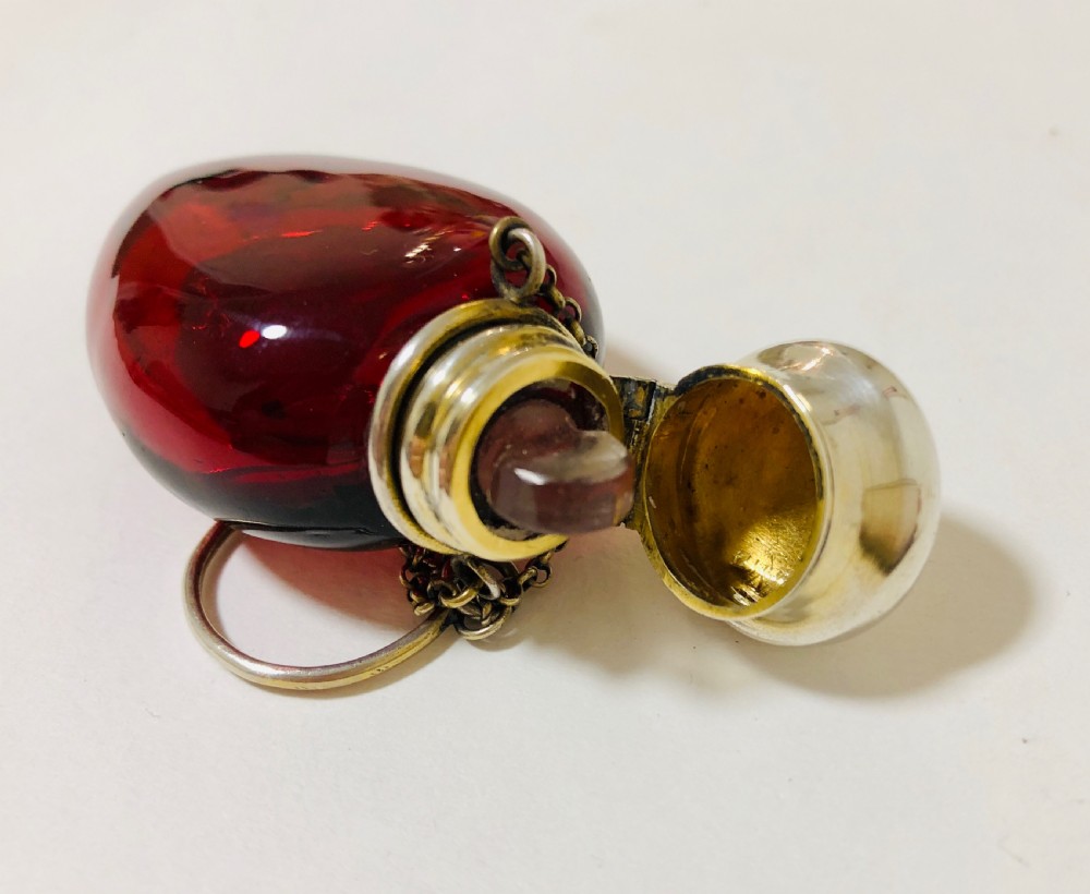 Antique Ruby Red Glass Silver Gilt Scent Bottle Chatelaine View VII