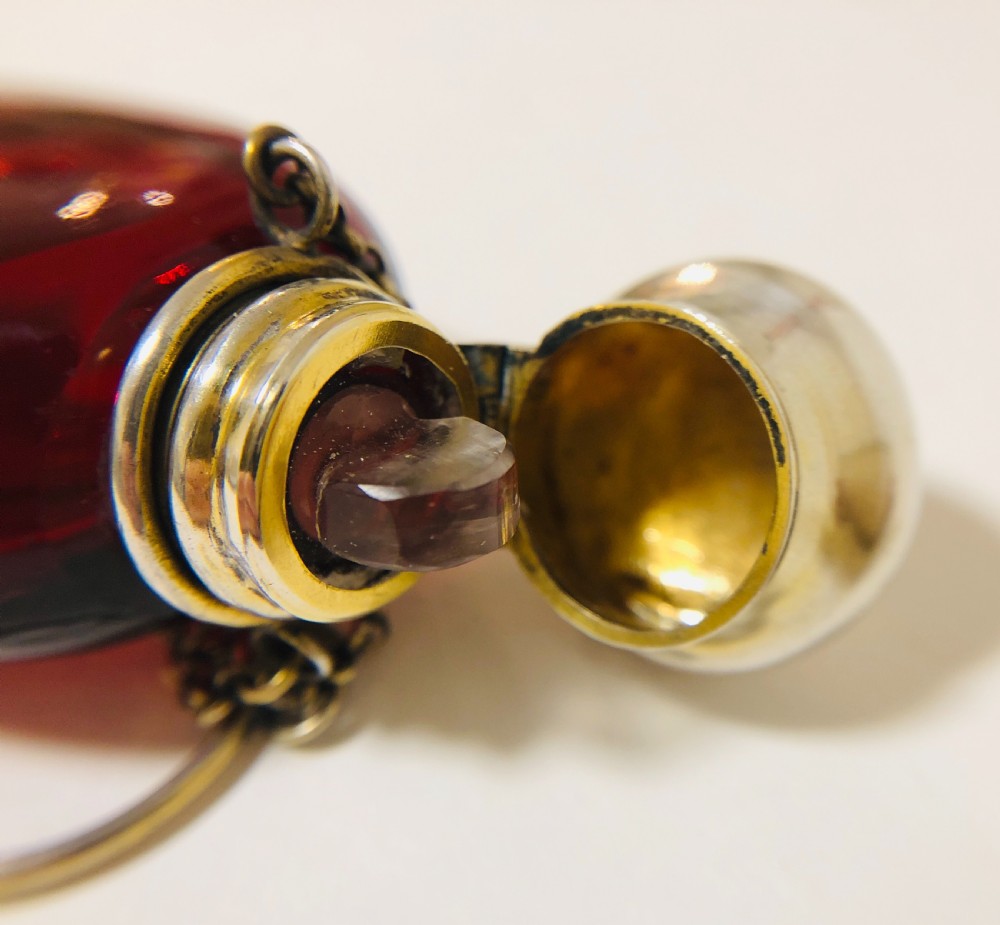 Antique Ruby Red Glass Silver Gilt Scent Bottle Chatelaine View VIII