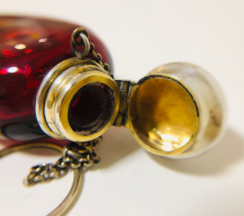Antique Ruby Red Glass Silver Gilt Scent Bottle Chatelaine View IX