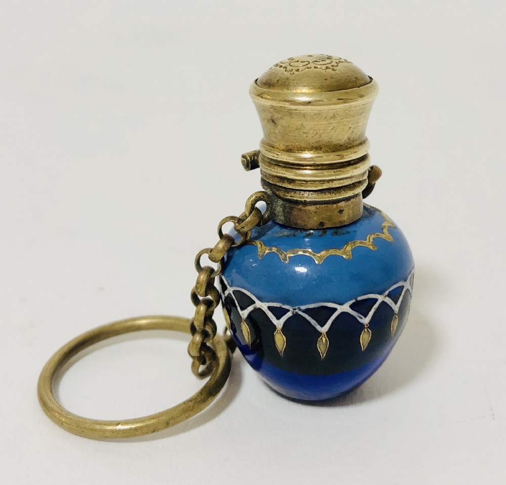 Antique Blue Glass Gilt Painted Scent Bottle Chatelaine