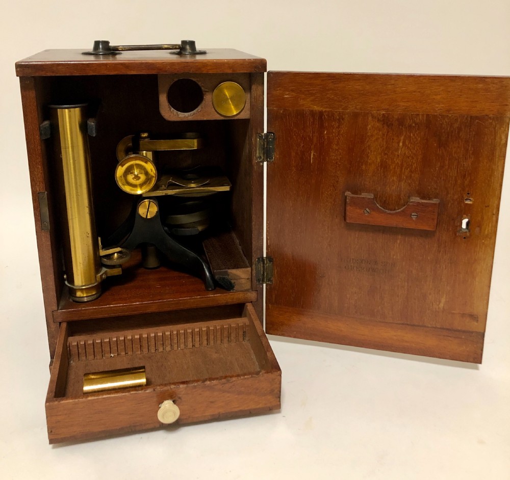 Antique Victorian Brass Bar Limb Microscope in Box View II