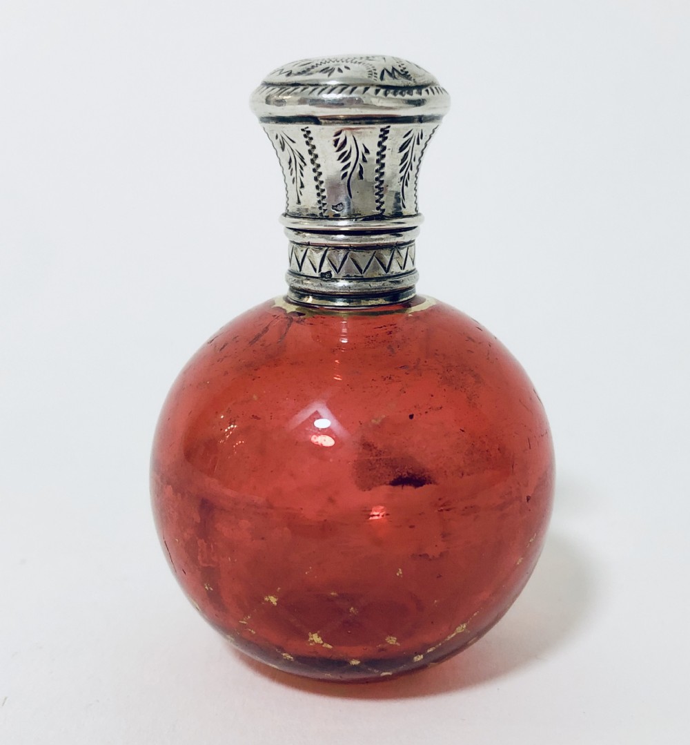 Antique Cranberry Red Bohemian Glass Scent Bottle with Silver Top
