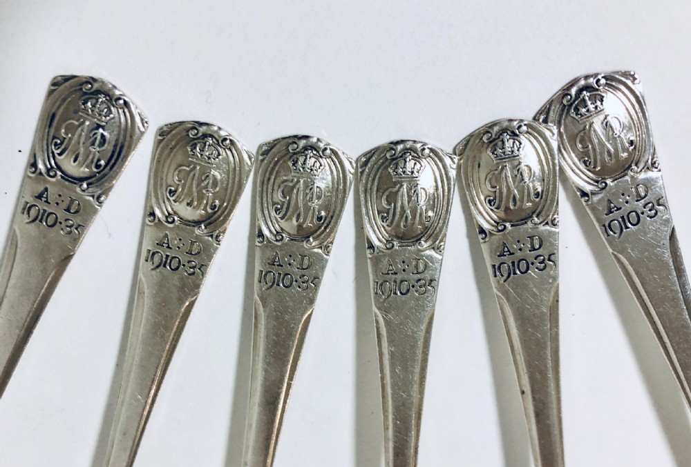 Set of 6 Antique Solid Silver Spoons commemorating King George V Jubilee 1934 View II
