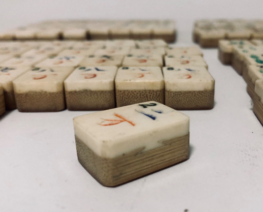 Antique Bone and Bamboo Mahjong Set in Box View V
