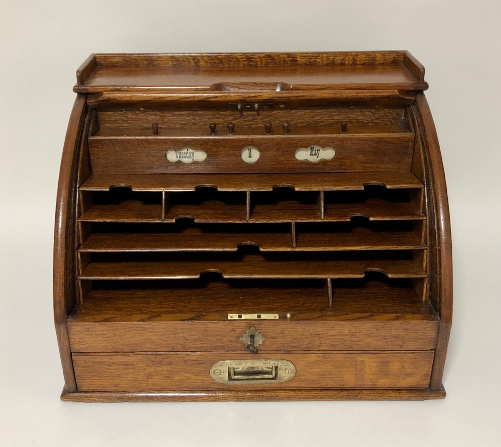 Antique Oak Tambour Front Desktop Stationery Cabinet