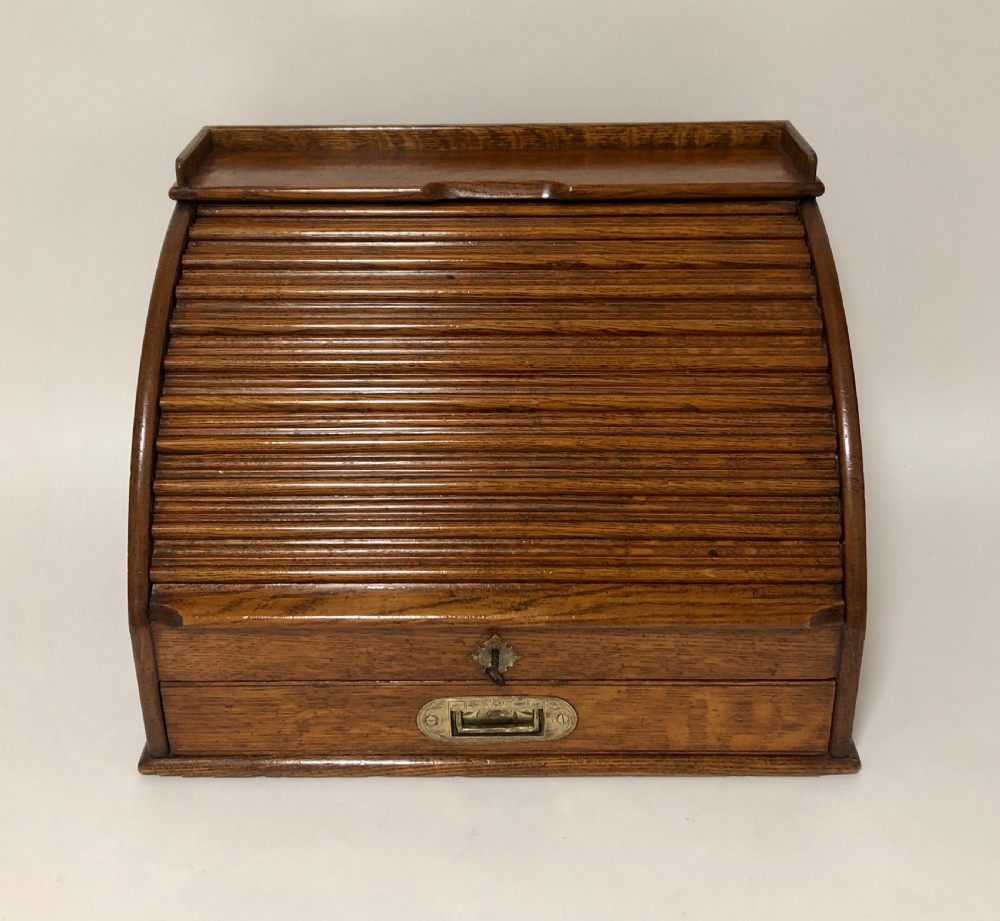 Antique Oak Tambour Front Desktop Stationery Cabinet View II