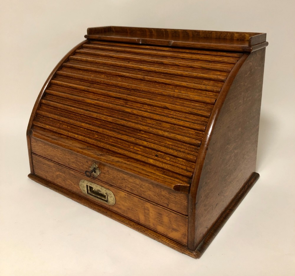 Antique Oak Tambour Front Desktop Stationery Cabinet View III
