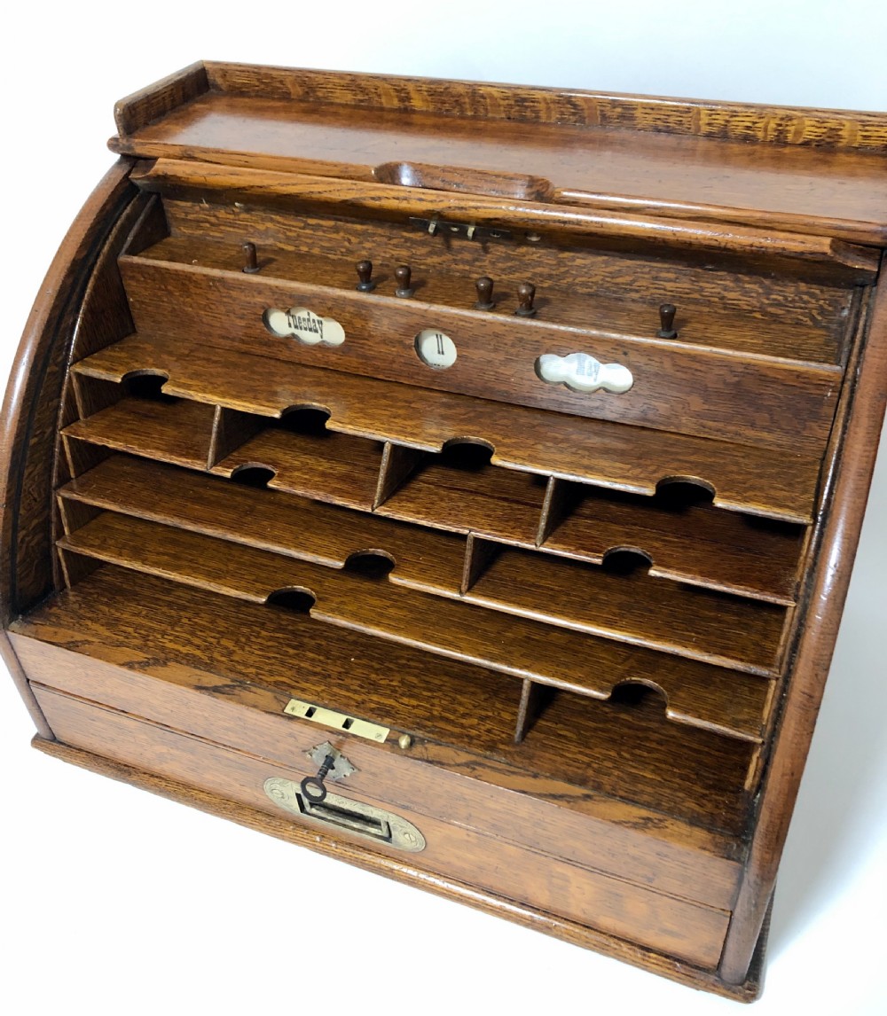 Antique Oak Tambour Front Desktop Stationery Cabinet View V