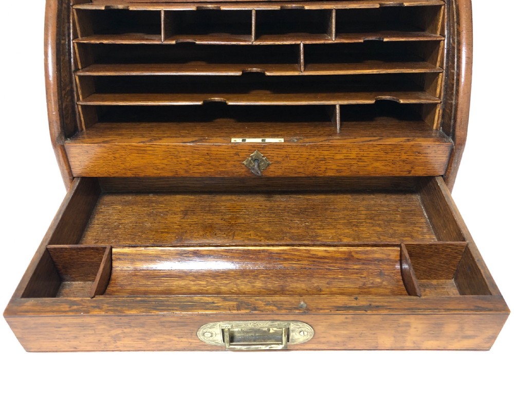 Antique Oak Tambour Front Desktop Stationery Cabinet View VIII