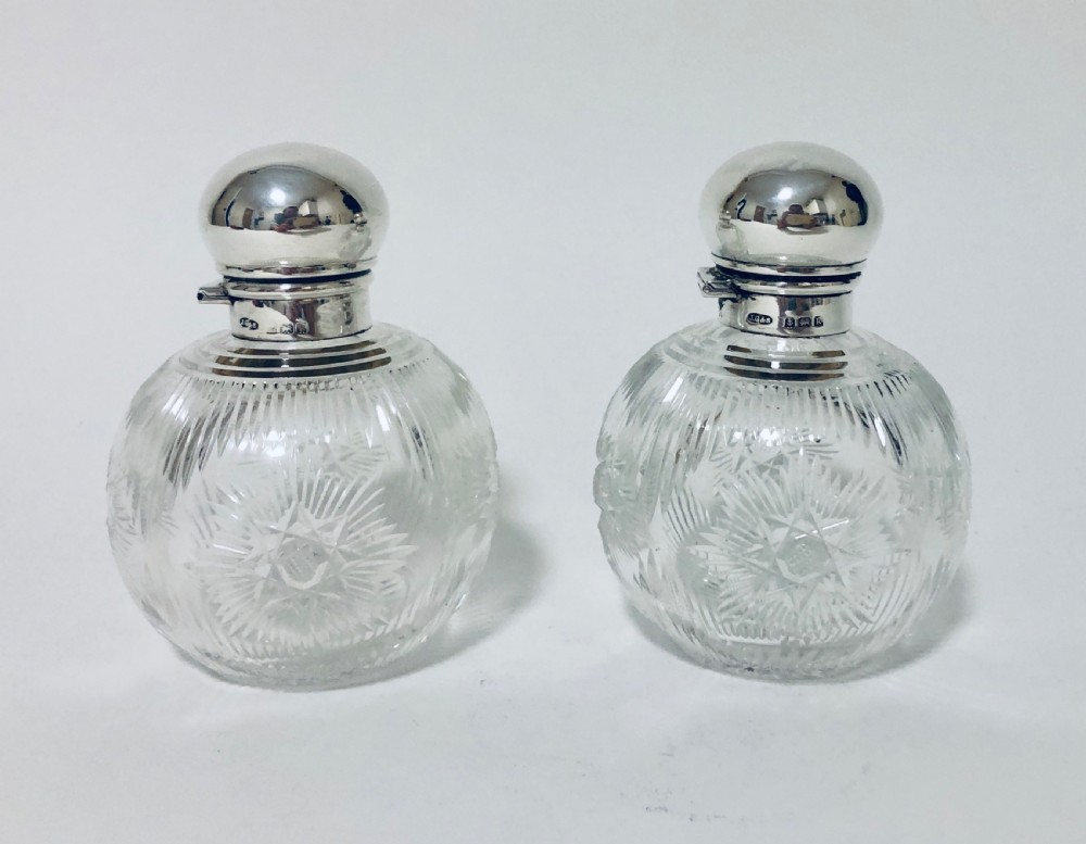 Pair of Antique Cut Glass Scent Bottles with Silver Tops View VII