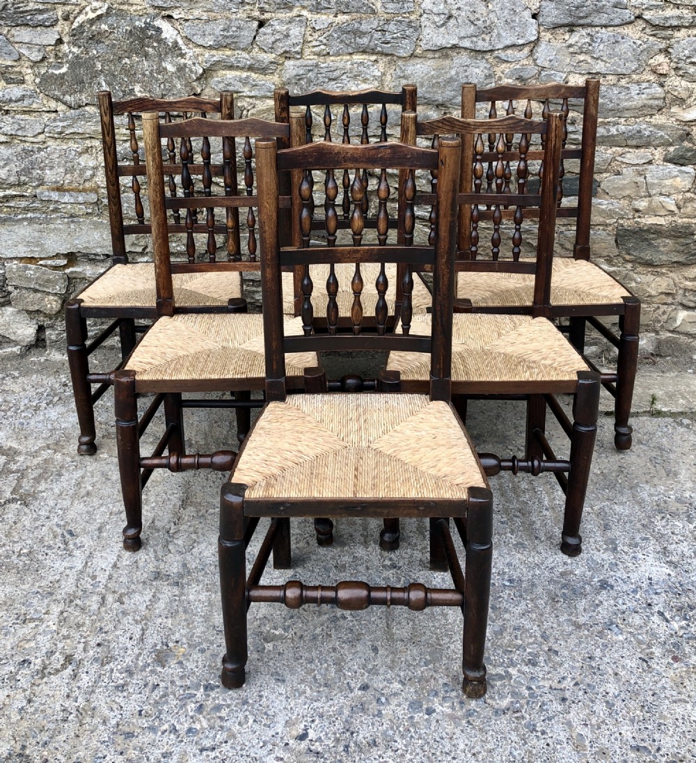 Harlequin Set of 6 Antique Rush Seat Spindle Back Chairs 