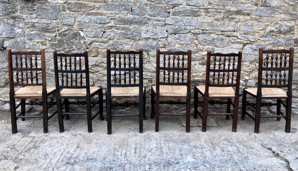 Harlequin Set of 6 Antique Rush Seat Spindle Back Chairs  View V