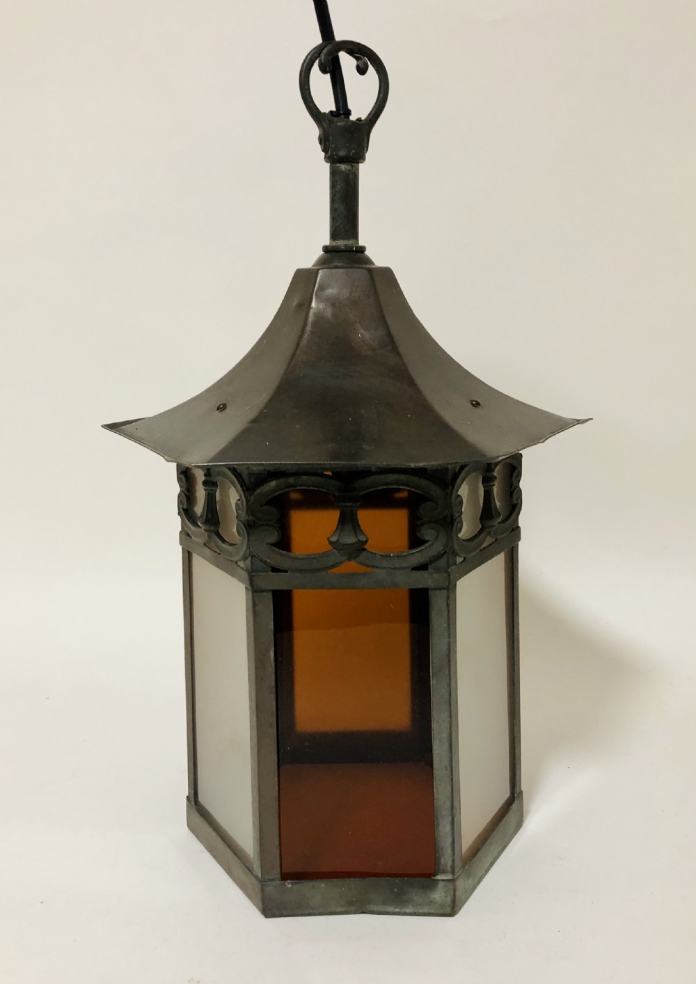 Antique Hexagonal Hanging Glass Hall Lantern 