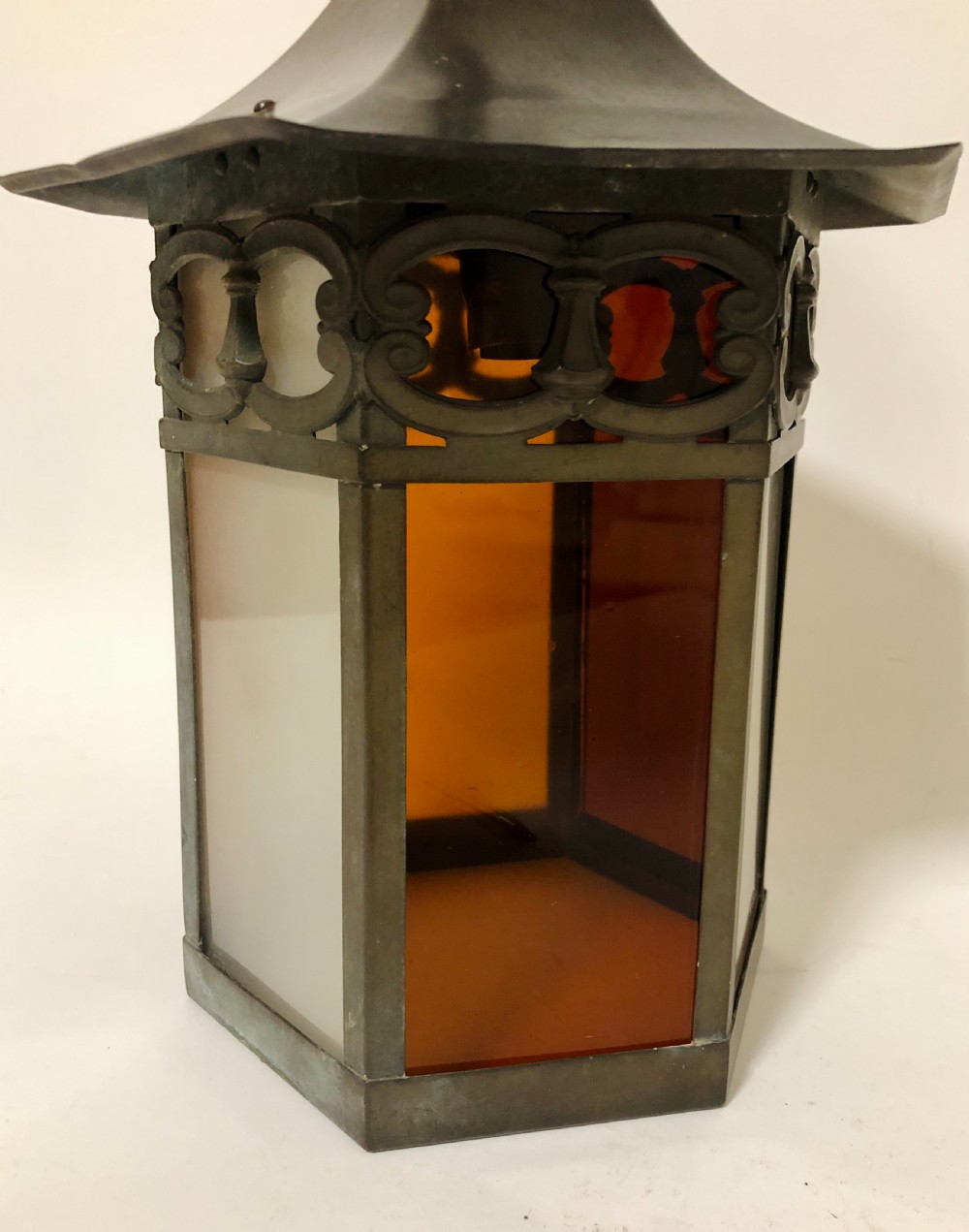Antique Hexagonal Hanging Glass Hall Lantern  View IV