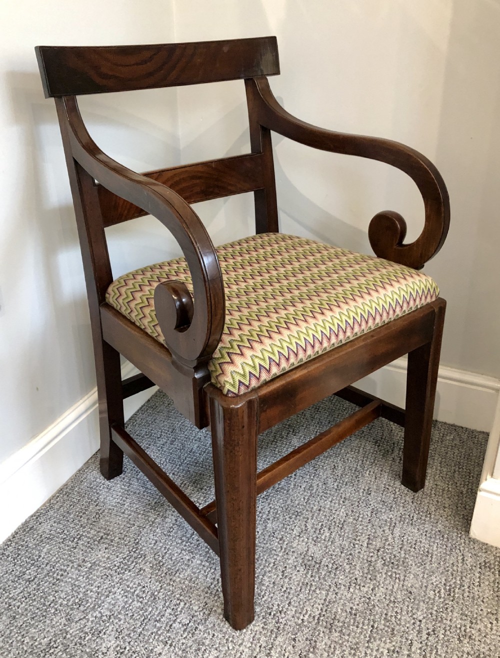 Antique Georgian Mahogany Carver Chair with Scroll Arms