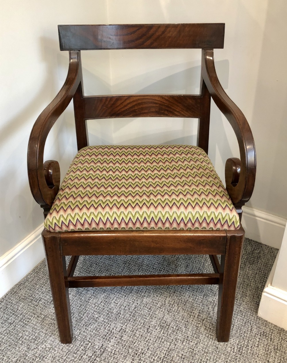 Antique Georgian Mahogany Carver Chair with Scroll Arms View V