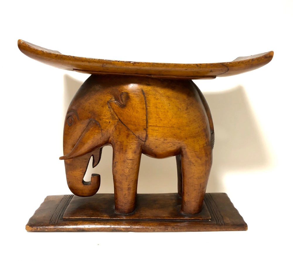 Antique Carved Wood African Elephant Stool Ashanti Tribe Ghana View II