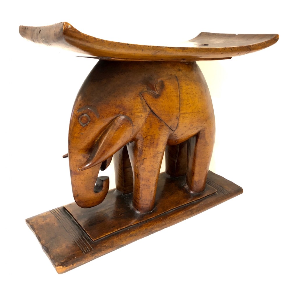 Antique Carved Wood African Elephant Stool Ashanti Tribe Ghana View III
