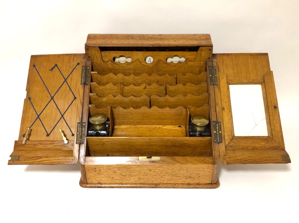 Antique Oak Desktop Stationery Cabinet with Calendar