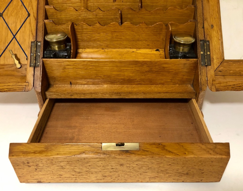 Antique Oak Desktop Stationery Cabinet with Calendar View IX