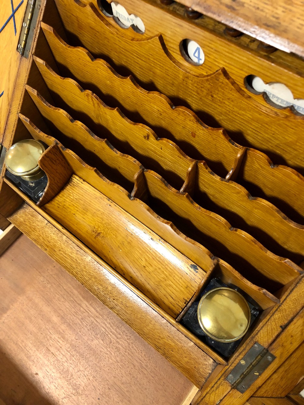 Antique Oak Desktop Stationery Cabinet with Calendar View X
