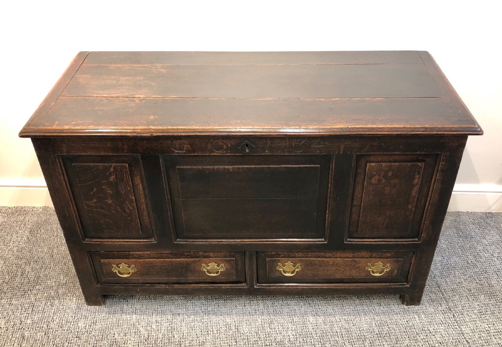 18th Century Oak Mule Chest dated 1734 View II