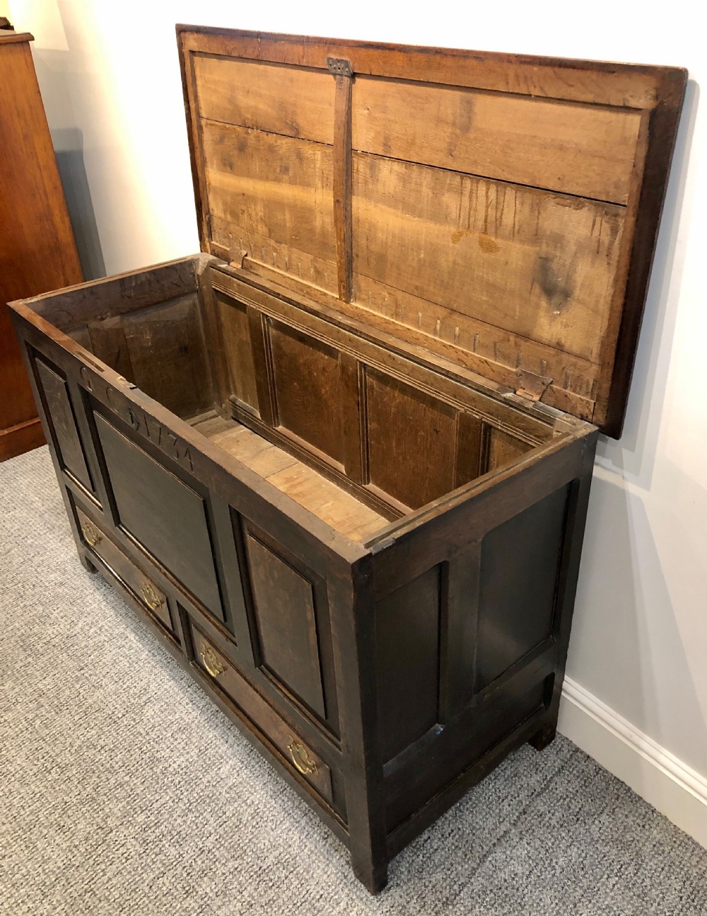 18th Century Oak Mule Chest dated 1734 View XV