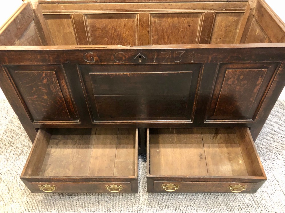 18th Century Oak Mule Chest dated 1734 View XVI