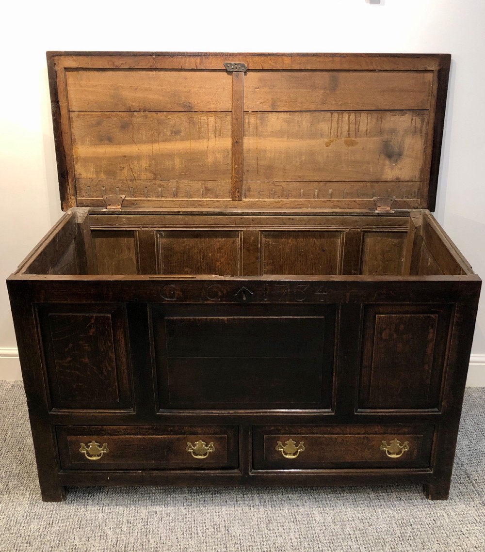 18th Century Oak Mule Chest dated 1734 View XVIII