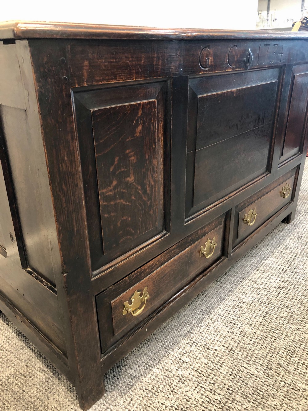 18th Century Oak Mule Chest dated 1734 View XXI
