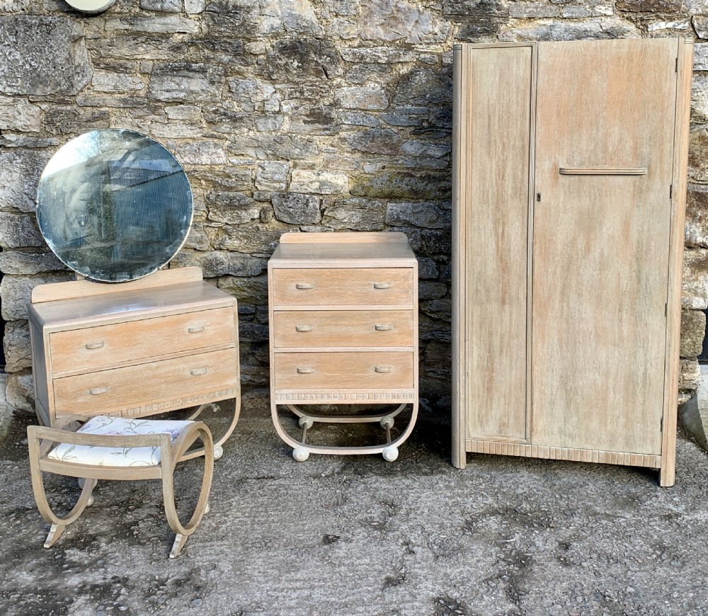 Art Deco Limed Oak Bedroom Suite in the manner of Heals