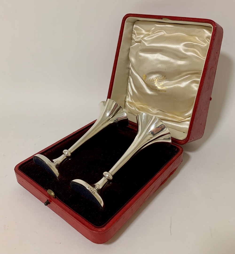 Pair of Antique Silver Trumpet Vases in Box