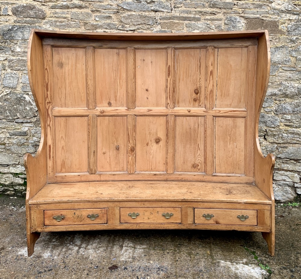 Large Antique High Back Curved Pine Settle