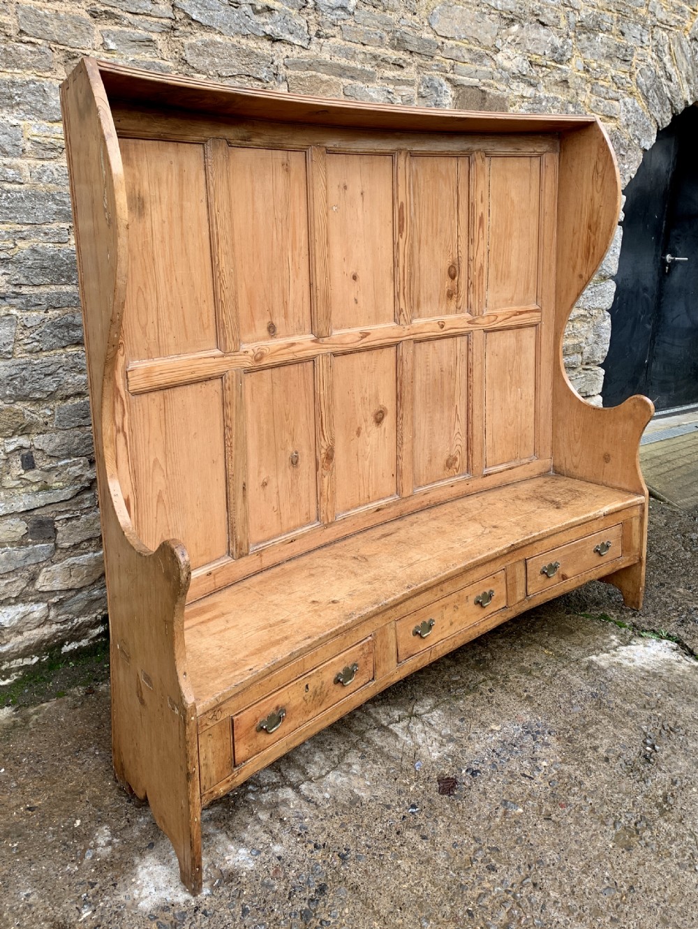 Large Antique High Back Curved Pine Settle View II