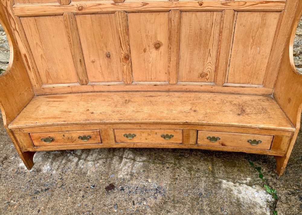 Large Antique High Back Curved Pine Settle View IX