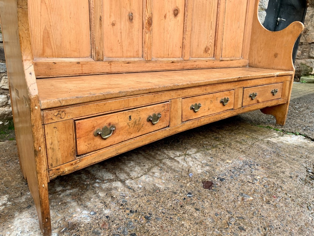 Large Antique High Back Curved Pine Settle View X