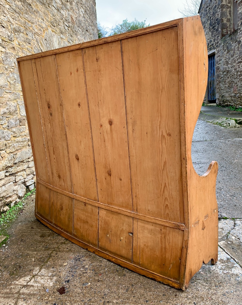 Large Antique High Back Curved Pine Settle View XI
