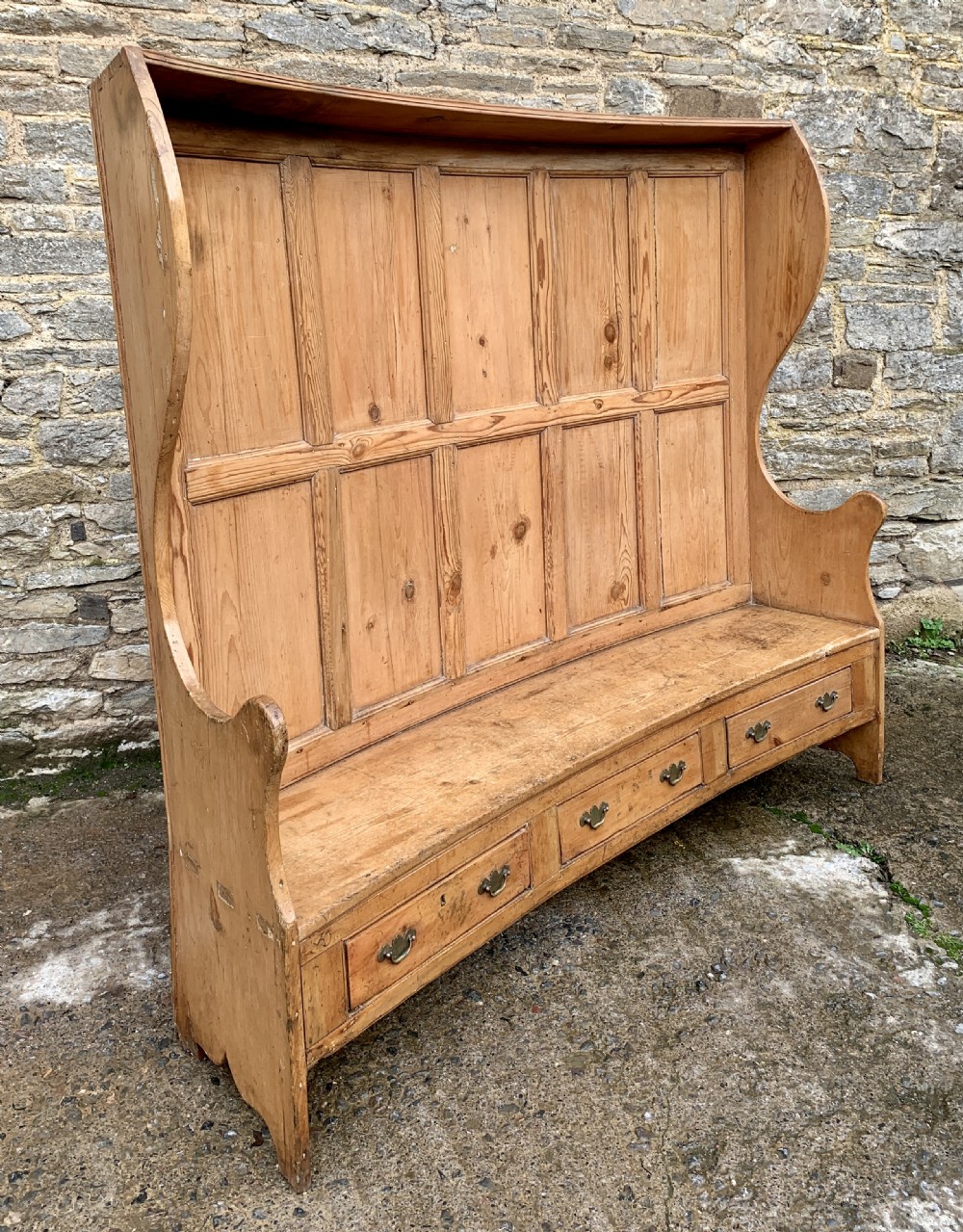 Large Antique High Back Curved Pine Settle View XVII